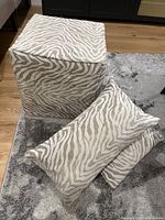 Cube ottoman and two matching pillows displayed on rug