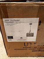 Box label showing brand, model 22004, 3 Lt Pendant specifications