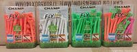 Front view of four sealed Champ Fly Tee packs showing colors and quantity