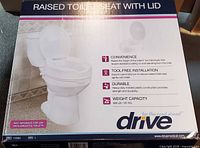 Box front showing Drive Medical raised toilet seat with lid and product details