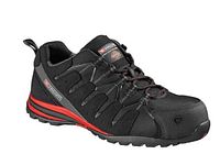 Side profile of shoe displaying overall design, colour scheme and steel toe reinforcement
