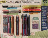 Front view of sealed 33-piece stationery set showing all contents in packaging