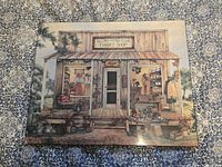 Front of plaque showing thrift shop illustration