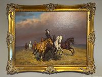 Full view of framed horse painting showing composition and frame detail