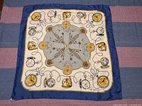 Full view of Rolex silk scarf laid flat showing entire pattern and navy border