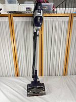 Full view of Shark purple corded upright stick vacuum standing upright