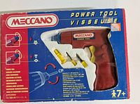 Front of Meccano Power Tool box showing tool and bits through window