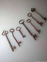 All seven iron skeleton keys lined up by size