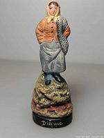 Front view of figurine showing attire, colors, and Dieppe inscription