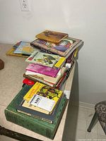 Overall stack of books on counter showing quantity and variety