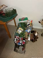Overall view of tote, timers, greenery, wreath parts