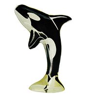 Front view of acrylic orca sculpture showing op-art pattern and overall form