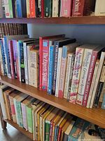 Two shelves filled with assorted hardcover and paperback books; spines showing varied titles and colours