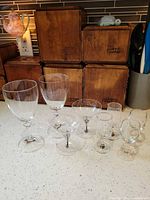 Full group of eight clear glass stemware pieces on countertop