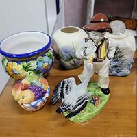 Group view of planter, vases, figurine, salt & pepper shakers