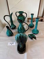 Front view showing all eight Blue Mountain Pottery pieces