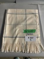 Full view of ivory cashmere pashmina with black windowpane pattern and fringe, size note visible