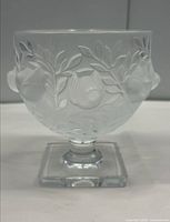 Front view of Lalique Elizabeth crystal vase showing frosted bird and leaf motif