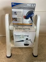 Paint sprayer box, steam cleaner box on top of white two-step stool