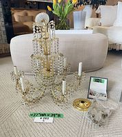 Chandelier with canopy, hardware and dimension card visible