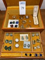 Overall view showing earrings, brooches, pendants and jewelry box