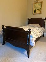 Full view of solid oak sleigh bed frame with headboard, footboard, side rails