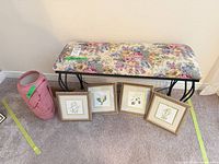 Bench, vase and four framed prints overview