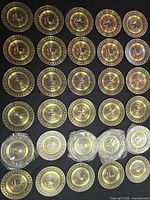 Top-down view of all 30 brass plates laid out in rows