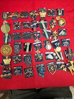Full layout of approximately 36 brooches and pins on red background, many on AXCES cards