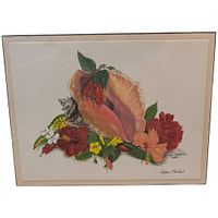Full view of framed watercolor showing conch shell and flowers
