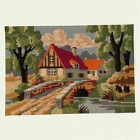 Full front view of needlepoint tapestry showing complete pastoral scene