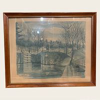 Front view of framed watercolor "Rainy Spring Day at Jones Falls"