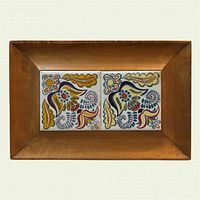 Full view of framed tray showing wood frame and both decorative tiles