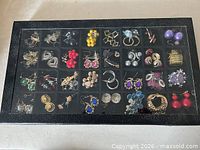 Closed display case showing all 50 earring pairs through glass lid
