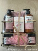 Front view of sealed Bloomfield bath set showing all five items in wire caddy