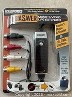 Front view of sealed Ideaworks MediaSaver package showing dongle and RCA connectors