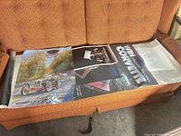 Rolled posters laid out on sofa, showing three main designs