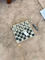 Full view of chess board with pieces showing coloration and layout