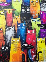 Front view of colourful cat-themed painting