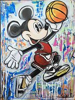 Front view of painting showing Mickey Mouse figure, full composition, signature