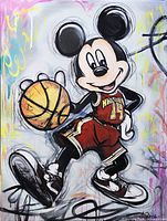 Front view of painting showing Mickey Mouse basketball theme and color palette