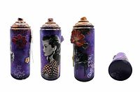 Four views of entire decorated spray can showing 360° artwork