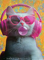 Close-up of cat image with headphones, sunglasses and bubble