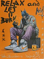 Full view of painting showing artwork and text