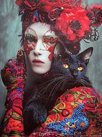 Close view of artwork showing female figure with floral headdress and black cat, artist signature visible