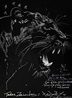 Front view of painting showing roaring panther artwork, signature and text