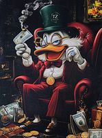 Front view of painting showing detailed artwork of duck with money