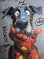 Full view of the painting showing dog subject and mixed media texture