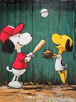 Front view of painting showing baseball scene, signature visible