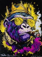 Front view close-up of painting showing subject, colours and artist signature